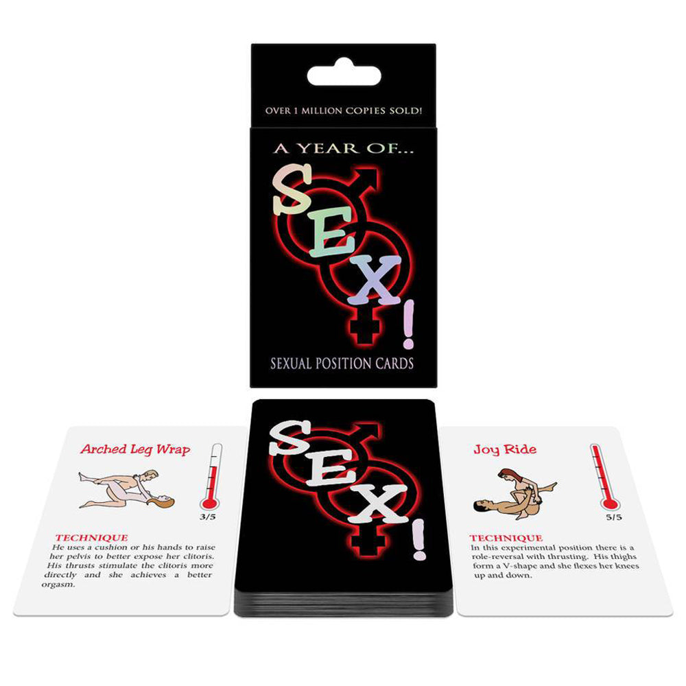 A Sex Positions Card Game packaging and two cards. The packaging is black with red and white text and design, while the cards display illustrations of different sexual positions with names and descriptions.