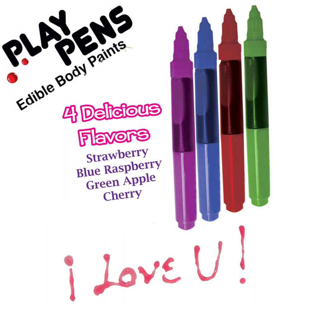 Four edible body paint pens in different colors with labels corresponding to four flavors: Strawberry, Raspberry, Green Apple, and Cherry.