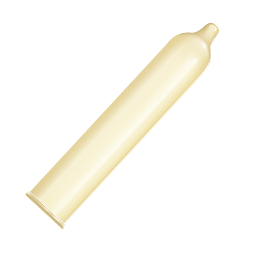 Shows a condom out of its wrapper