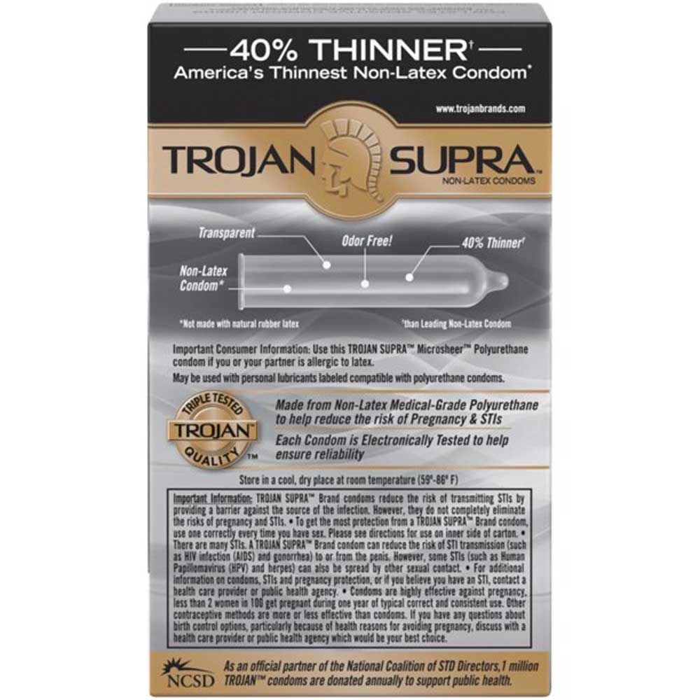 Packaging of Trojan Bareskin Supra Non Latex Condoms showing the product name and features such as being 40% thinner and latex free.
