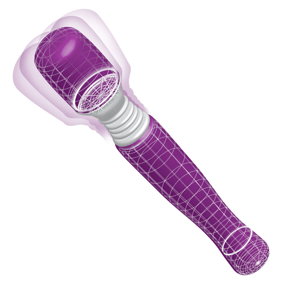 A purple mini wand massager with a sleek design and a silicone head. It has a twist dial at the base for adjusting the speed.