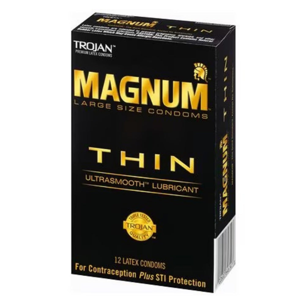Box of Magnum condoms with black and gold packaging.
