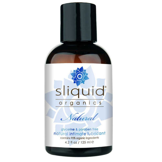 Bottle of Sliquid Organics Natural Water Based Lube with a white and blue label, displaying 4.2oz volume.