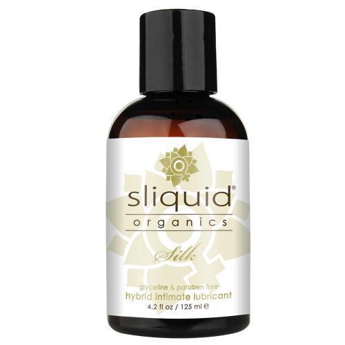 A bottle of Sliquid Organics Silk Hybrid Lube with a capacity of 4.2 fluid ounces, featuring a white and green label design.