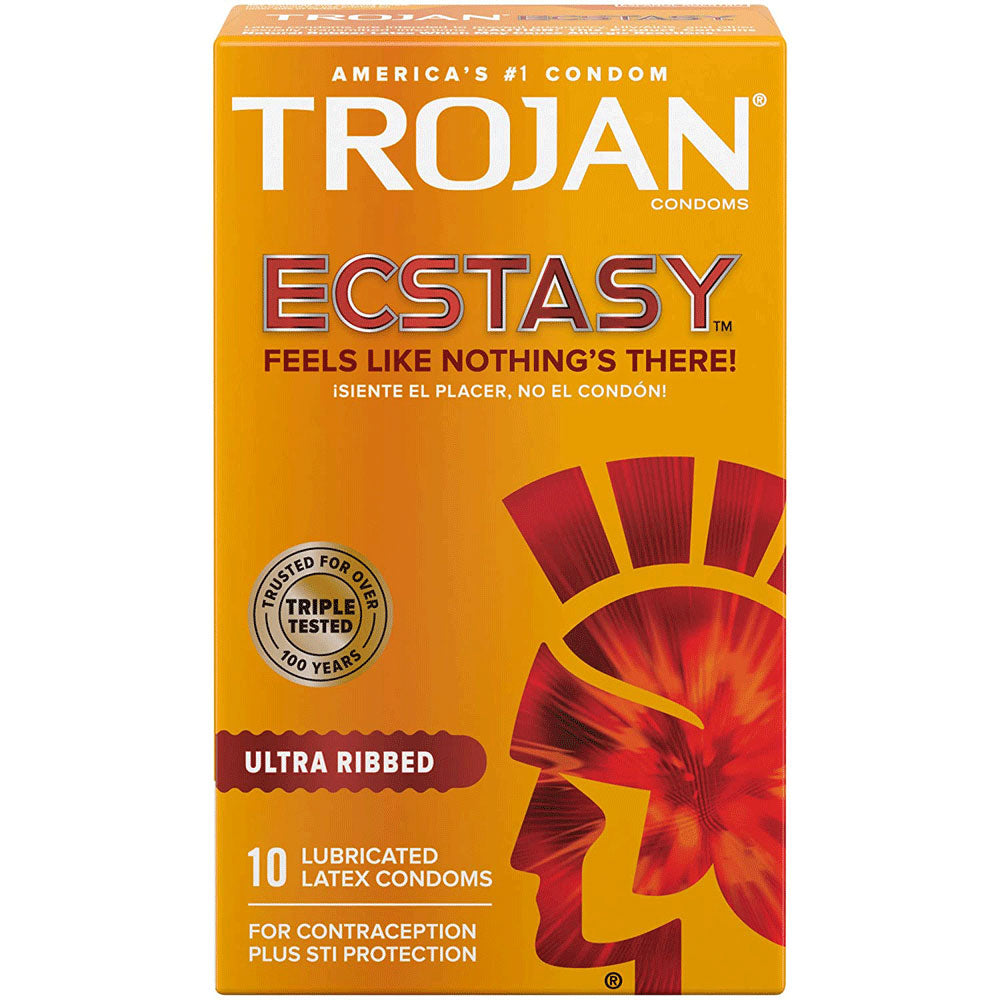 Packaging for Trojan Ultra Ribbed Ecstasy Condoms with a box showing the product name and a red and yellow design. The box indicates a 10-pack quantity and mentions the features of the product.