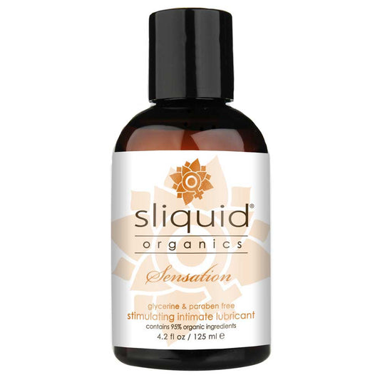 Bottle of Sliquid Organics Sensation Water Based Lube with a capacity of 4.2 ounces, featuring a white and orange label and a black cap.