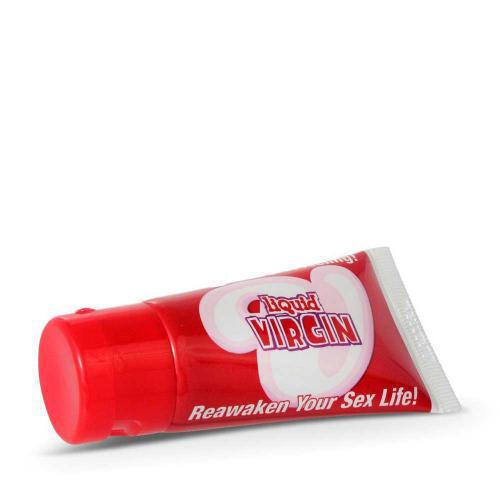 The image displays a product packaging for "Liquid Virgin Female Tightening Cream" in a bright red tube with white and pink text. The design includes a heart symbol and the product is portrayed as a solution to "Reawaken Your Sex Life!" emphasizing its enhancement purpose.