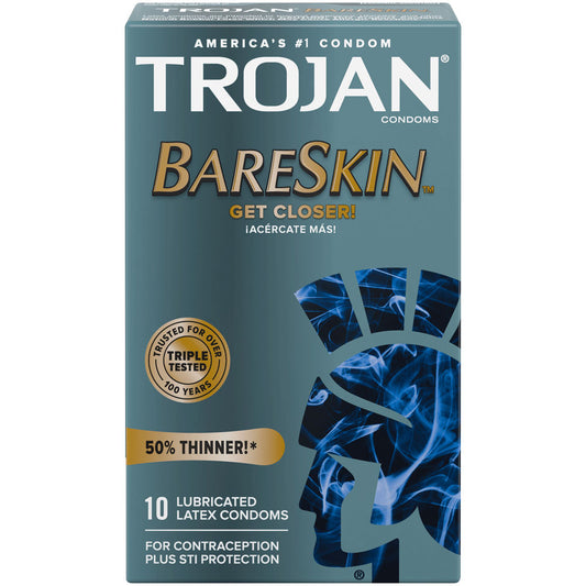 Packaging for Trojan Bareskin Thin Condoms, featuring a blue design with text and branding, indicating a 10-pack quantity and 50% thinner width.