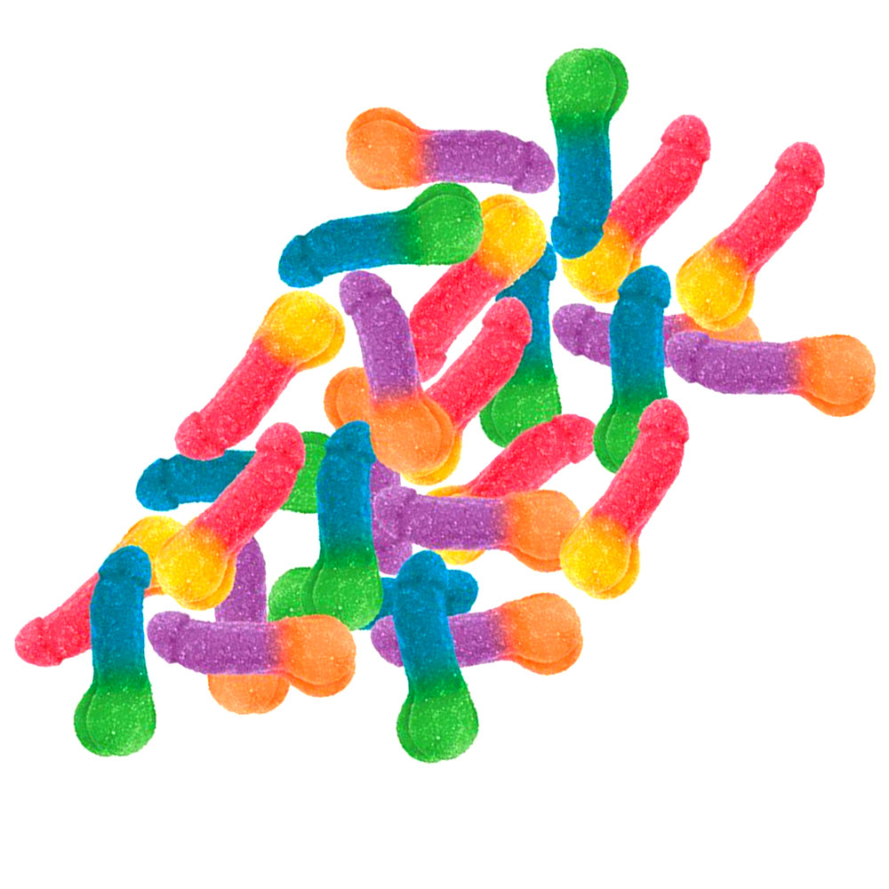 Rainbow colored edible penis dick shaped gummy candies on a white back ground