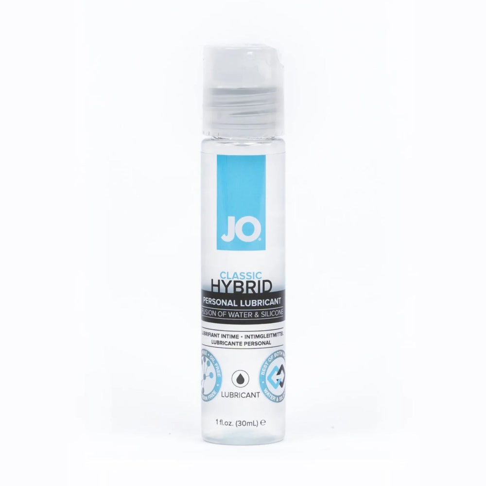 Bottle of JO Hybrid personal lubricant on a white background