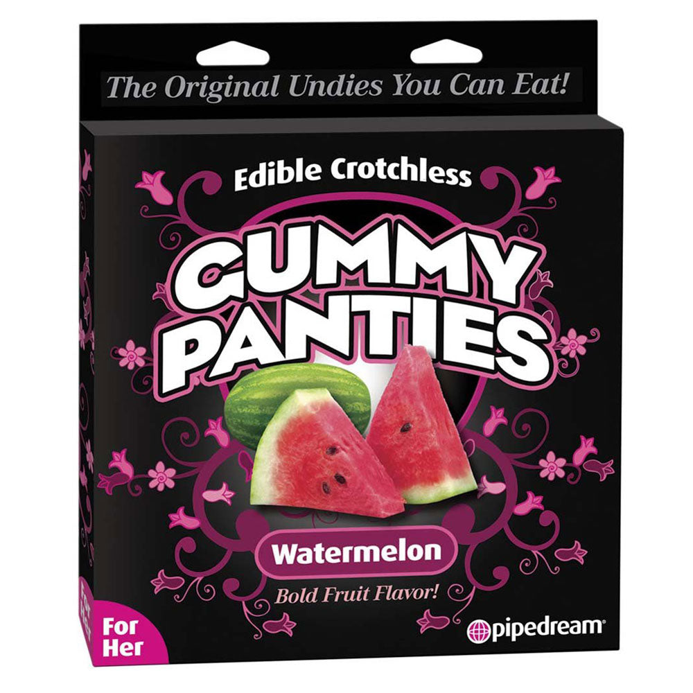 Packaging for Edible Gummy Panties with a watermelon flavor theme, including images of watermelon and playful design elements.