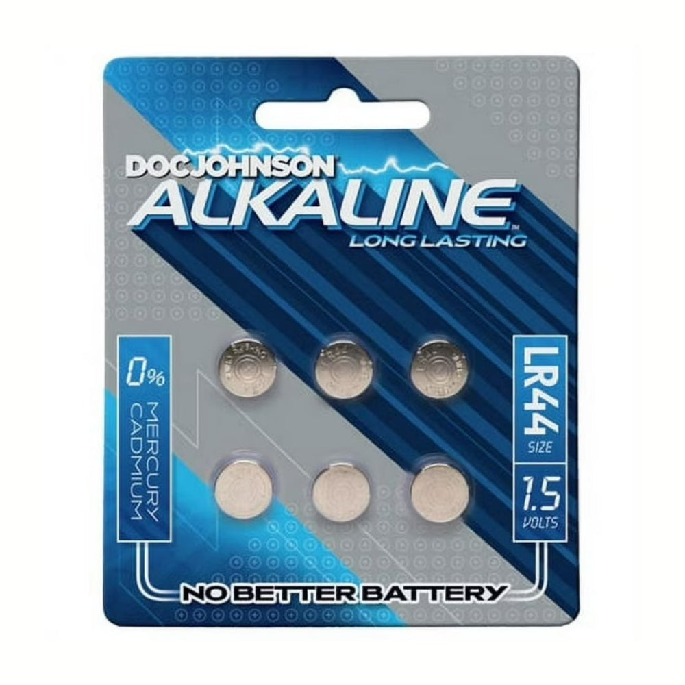 Pack of Doc Johnson Alkaline LR44 batteries on a white background
