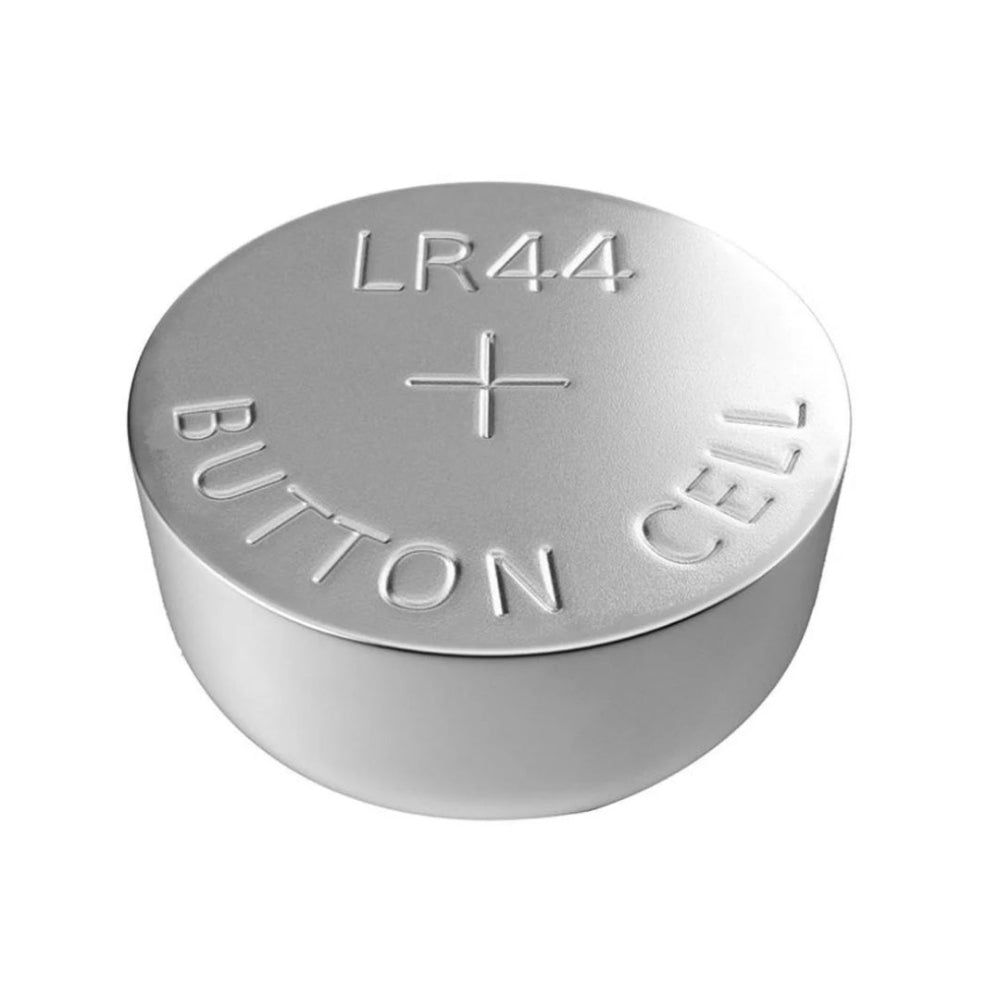 Silver button cell battery with 'LR44' and 'BUTTON CELL' text on a white background