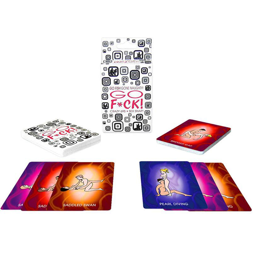 shows the go fuck game out of its box and shows the box and cards. on a white background.