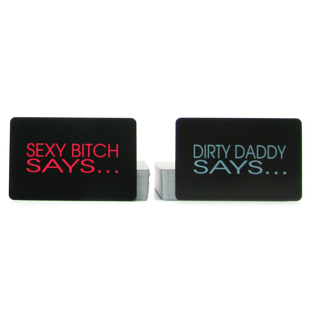 bedroom comands cards out of the pack. one card says "sexy bitch says" and the other says "dirty daddy says" on a white back ground