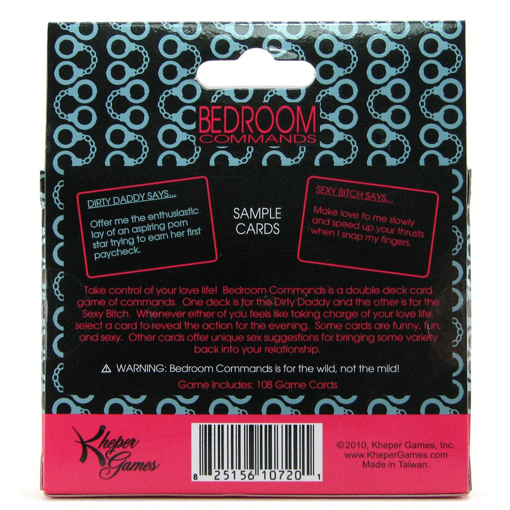 shows the bedroom comands card game back of box on a white background