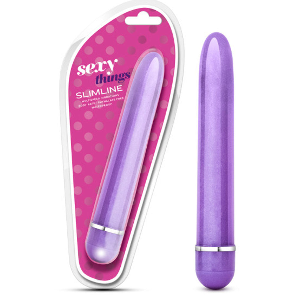 A purple Slimline Vibe by Blush Novelties, shown both in its packaging and separately. The packaging is pink with polka dots and the toy has a sleek, cylindrical design with a silver band at the base.