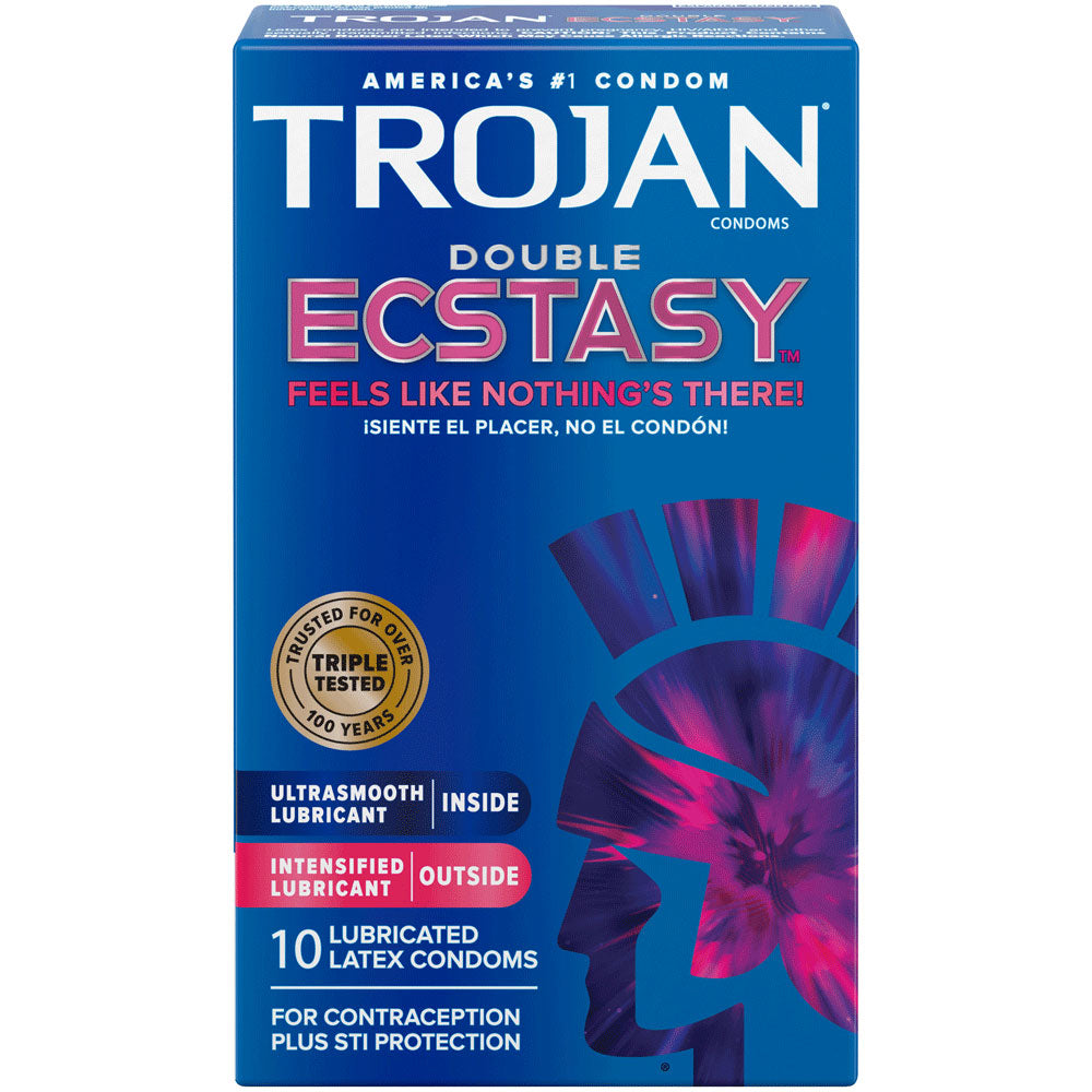 Packaging for Trojan Double Ecstasy Condoms featuring a blue and purple design with product information and branding.