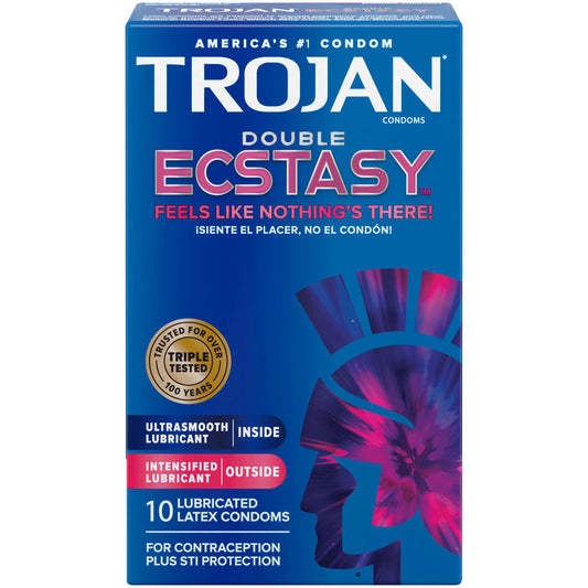 Packaging for Trojan Double Ecstasy Condoms featuring a blue and purple design with product information and branding.