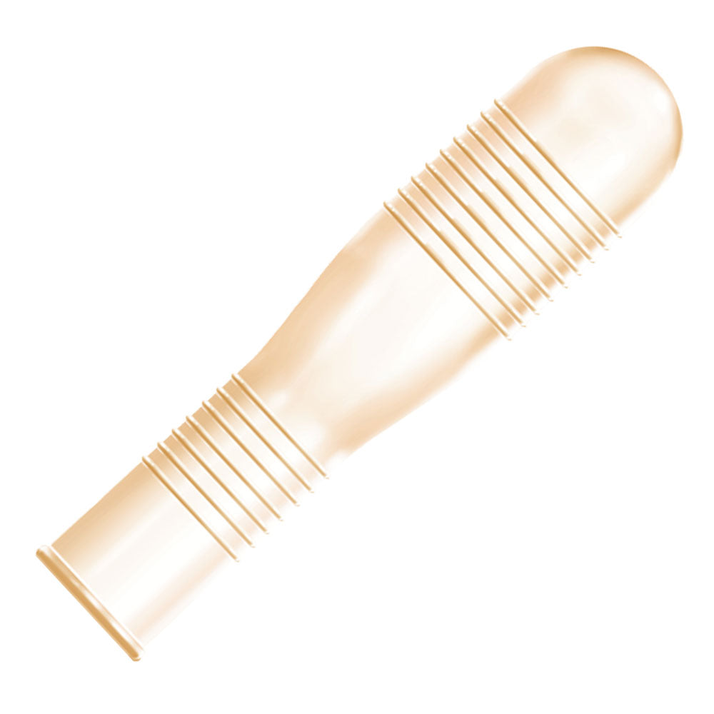 shows a condom out of its package on a white background. The condom is roomy and has ribs.