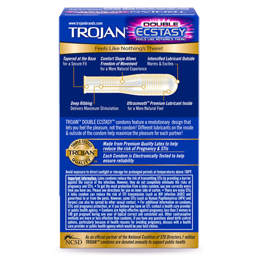 shows the back of the box of trojan douple ecstasy condoms on a white background