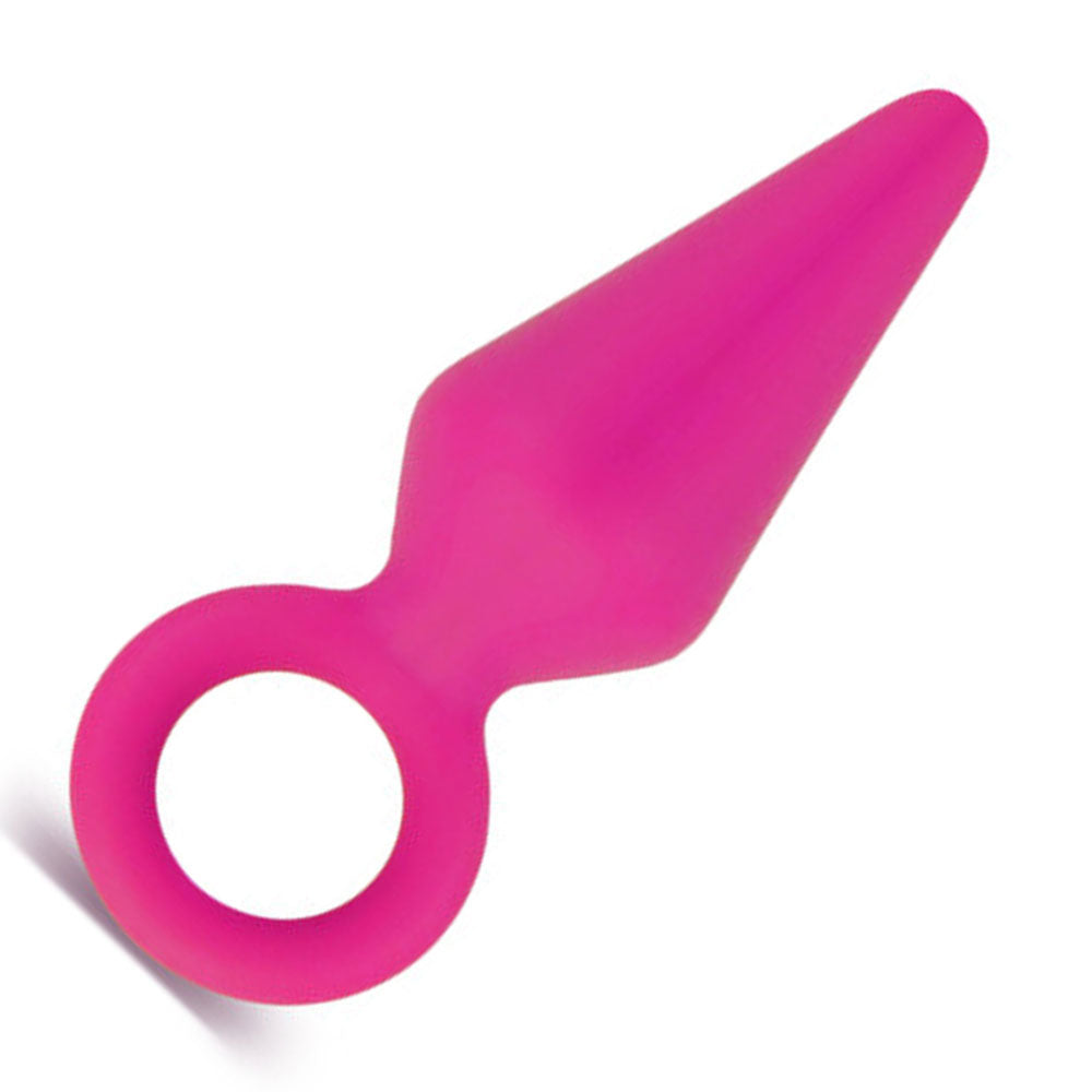 A small, pink anal plug with a flared base and a removal ring, made from smooth silicone.