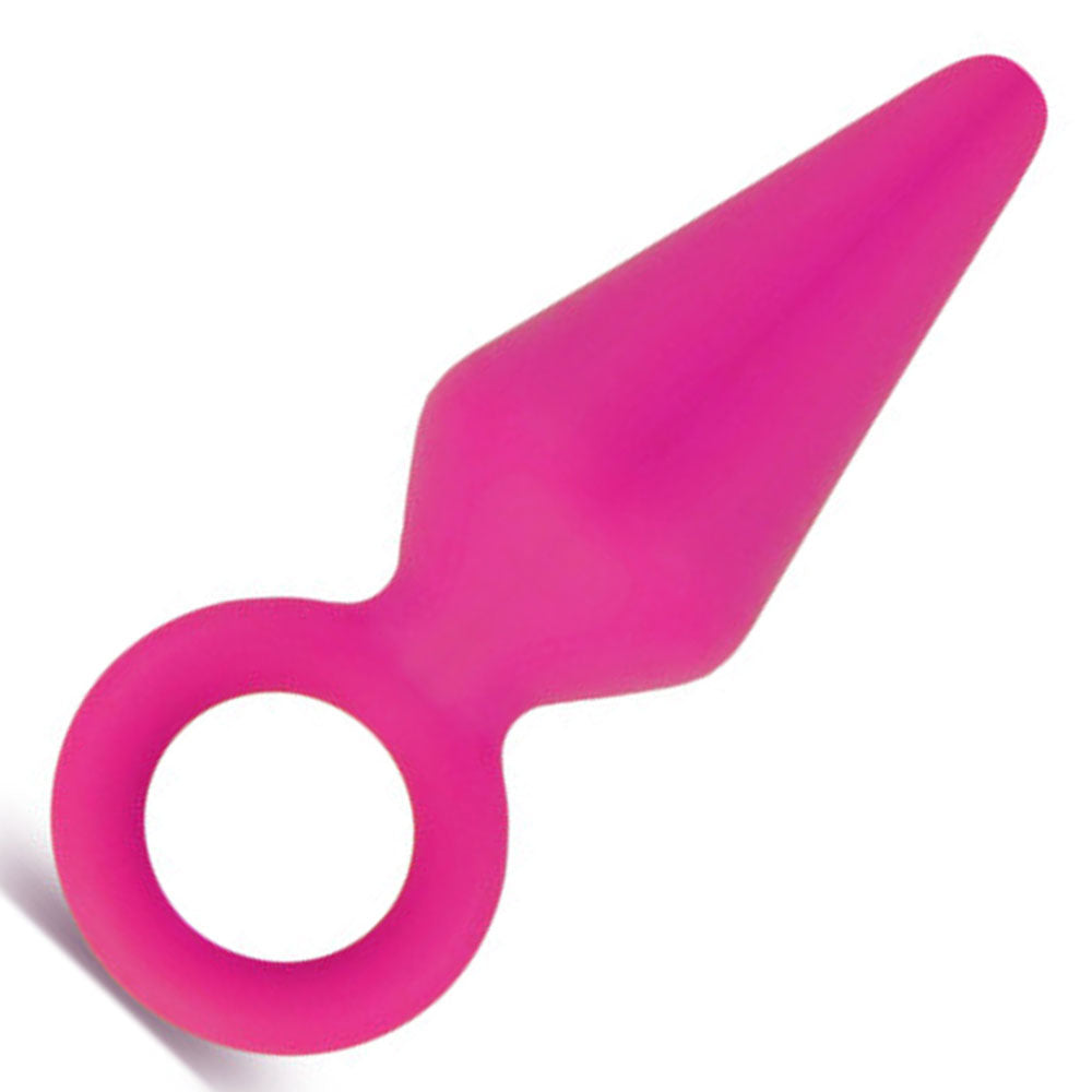 Shows a pink anal toy. Its base is a ring. Anal plug is on a white background.