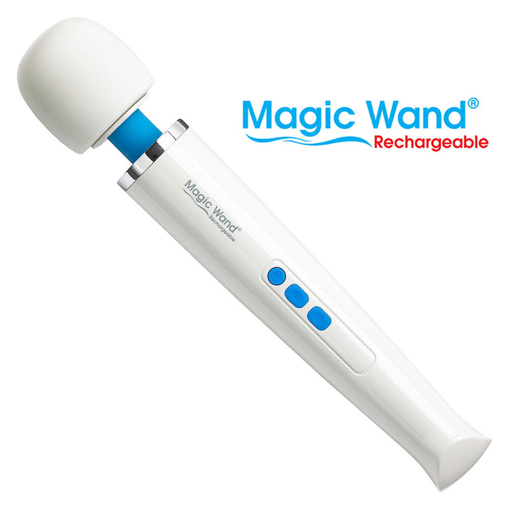 This image shows the magic wand rechargeable cordless vibrator on a white background. It is just over a foot in length with white silicone head and white plastic body with three blue buttons to operate the vibrations.