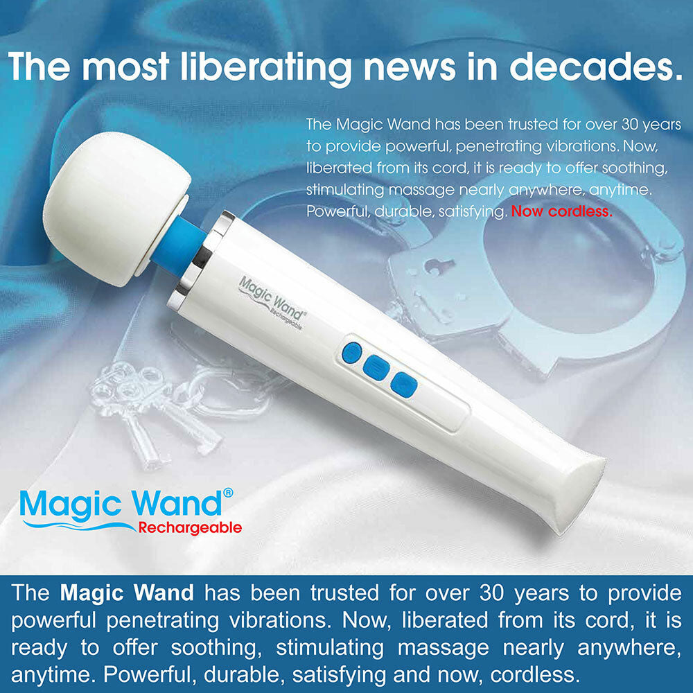 This image shows the magic wand rechargeable over a translucent pair of handcuffs to symbolize liberation. Its text reads: The most liberating news in decades. The Magic Wand has been trusted for over 30 years to provide powerful penetrating vibrations. Now, liberated from its cord, it is ready to offer soothing, stimulating massage nearly anywhere, anytime. Powerful, durable, satisfying and now, cordless.