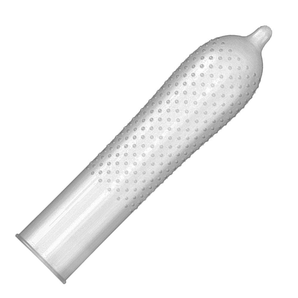 a Trojan studded bareskin condom out of it's wrapper on a white background.