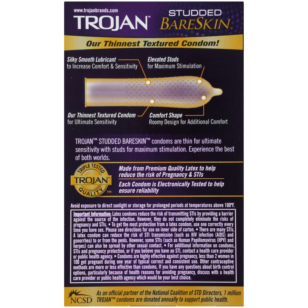 Shows the back of the box of the Trojan Bareskin condoms. This shows all of the features such as the shape and texture.