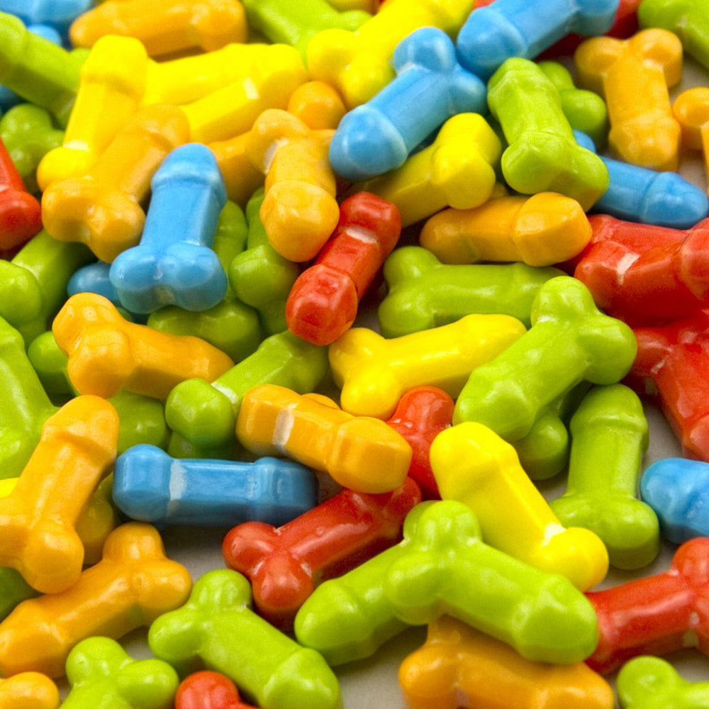 A bunch of loose colorful penis and dick shaped candies.