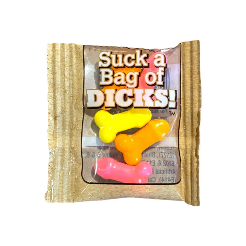 Package of dick snacks with colorful candy penises on a white background