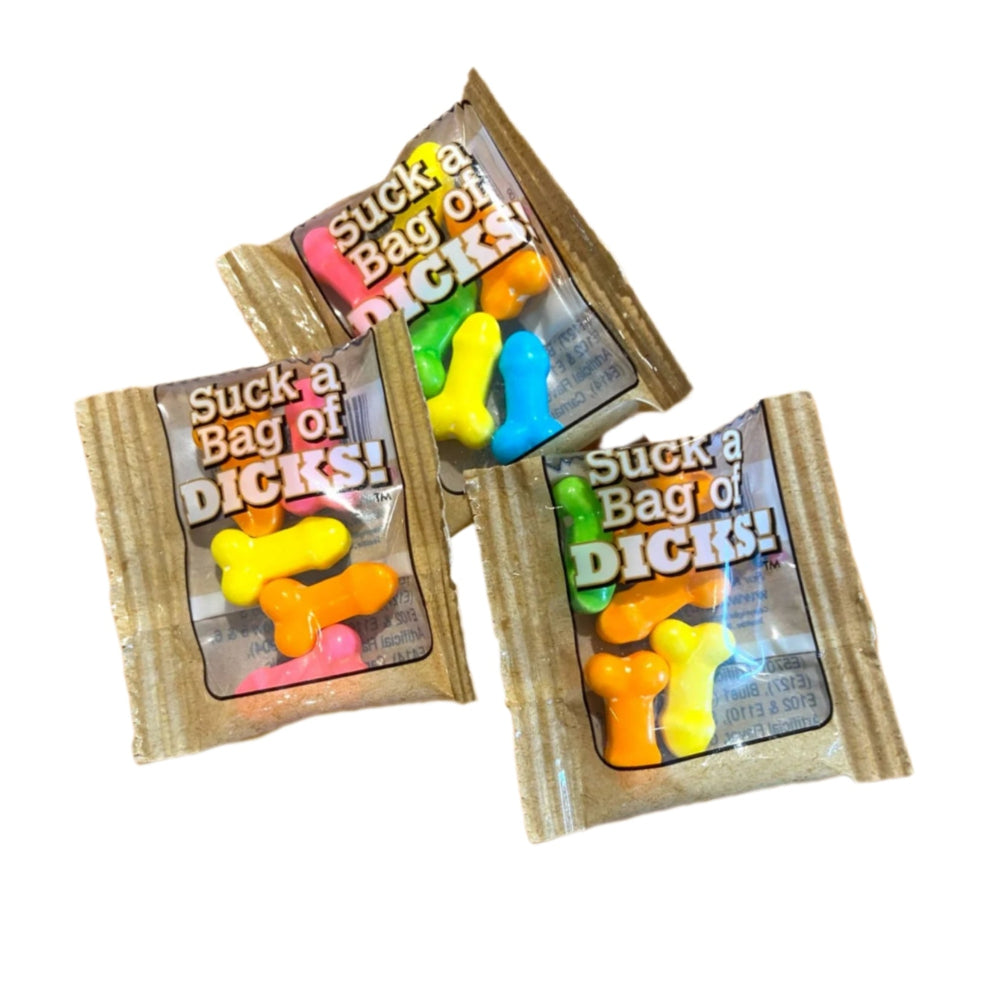 Three packages of candy labeled 'Suck a Bag of Dicks' on a white background.