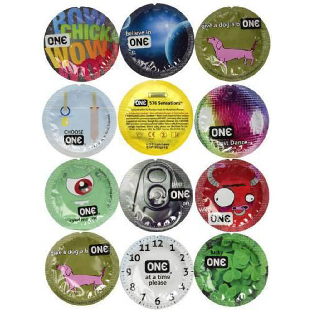This image features the "One Super Studs" condom, highlighted by its vibrant and colorful packaging. The condoms in the assortment display various playful and eye-catching designs, with each individually numbered to indicate the level of studs they contain.
