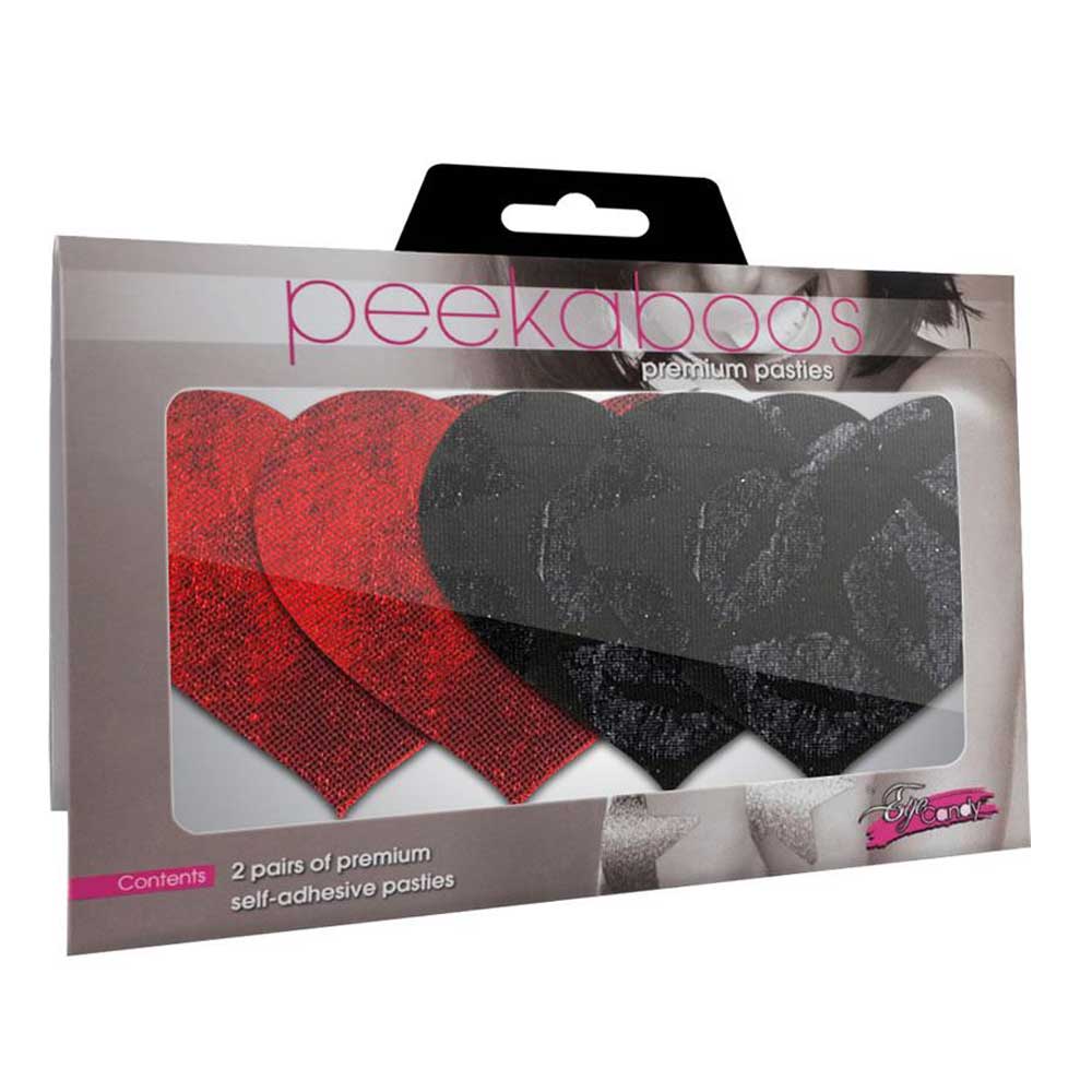 Packaging for Peekaboos Stolen Kisses Heart Pasties, displaying two pairs of heart-shaped adhesive pasties, one pair in red and one pair in black with a shiny pattern.