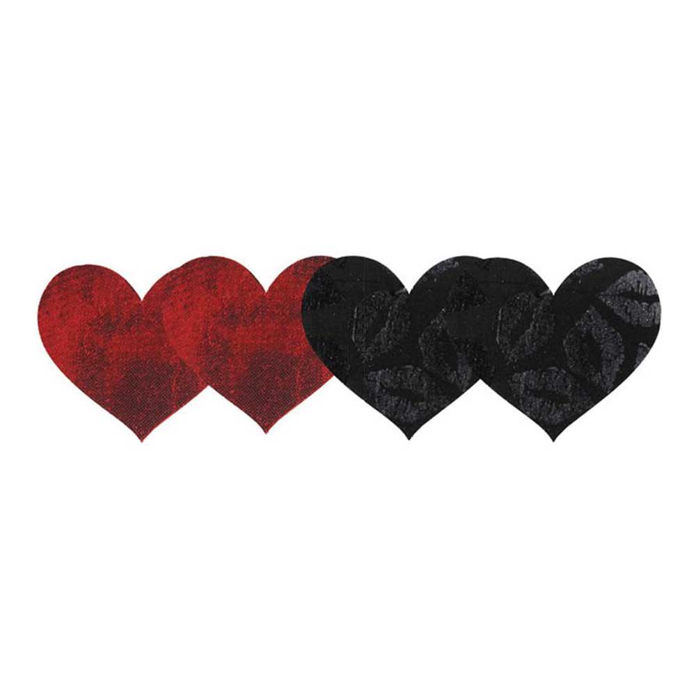 a picture of 2 sets od heart pasties. 1 pair is black and 1 pair is rea on a white back ground.