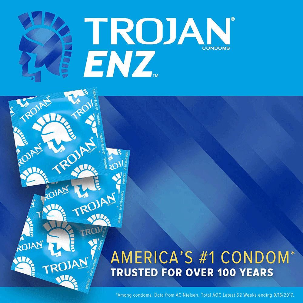 Shows an ad for Trojan Enz Condoms. America's #1 Condom.