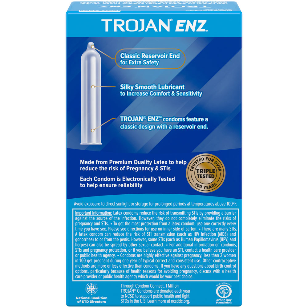 Shows the back of the box of the Trojan Enz condom. It lists some features of the condom such as it's reservoir end and silky lubricant.