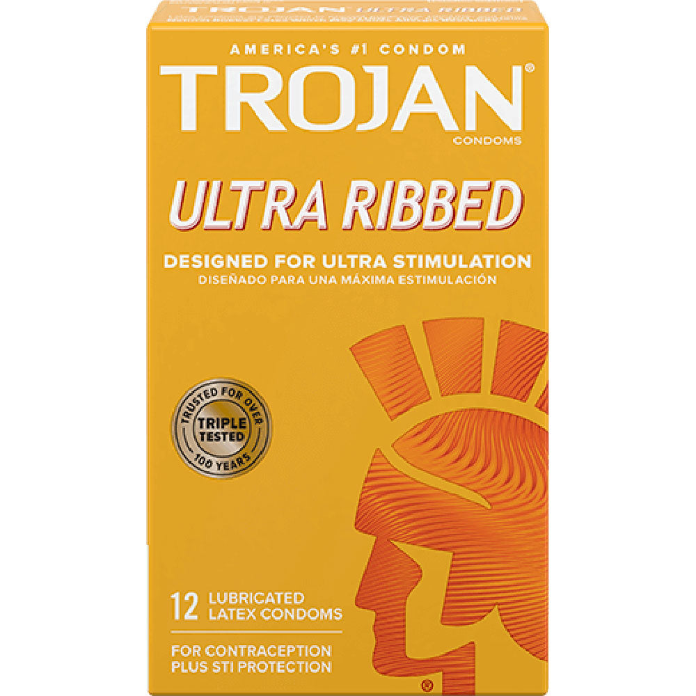 Packaging for Trojan Ultra Ribbed Condoms with product features highlighted