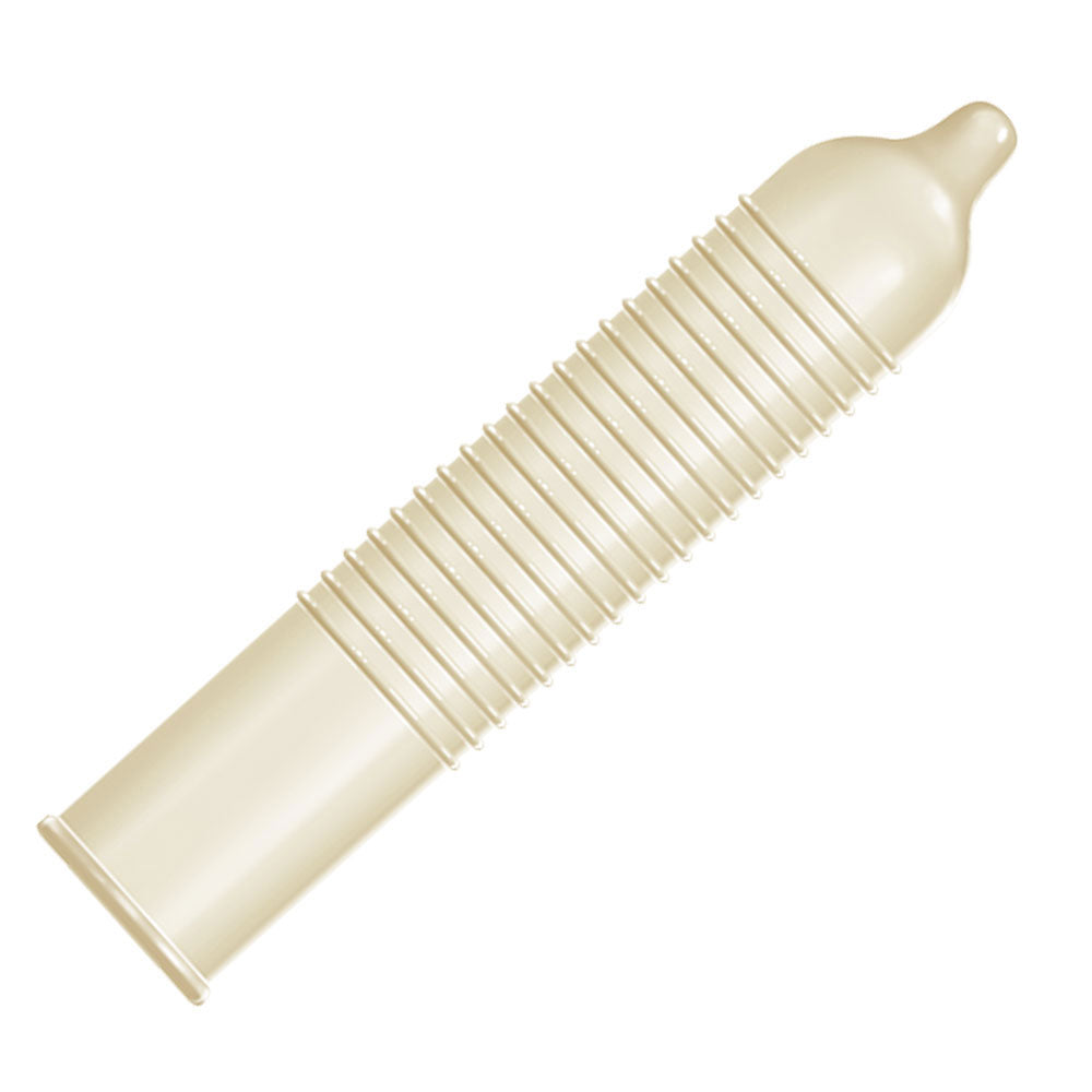 Shows the Trojan Ultra Ribbed condom out of it's wrapper. On a white background.