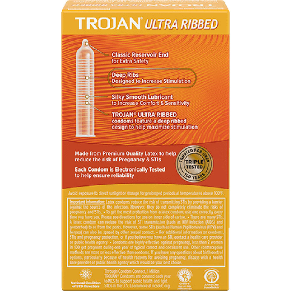 Back of packaging for Trojan Ultra Ribbed Condoms with product features highlighted