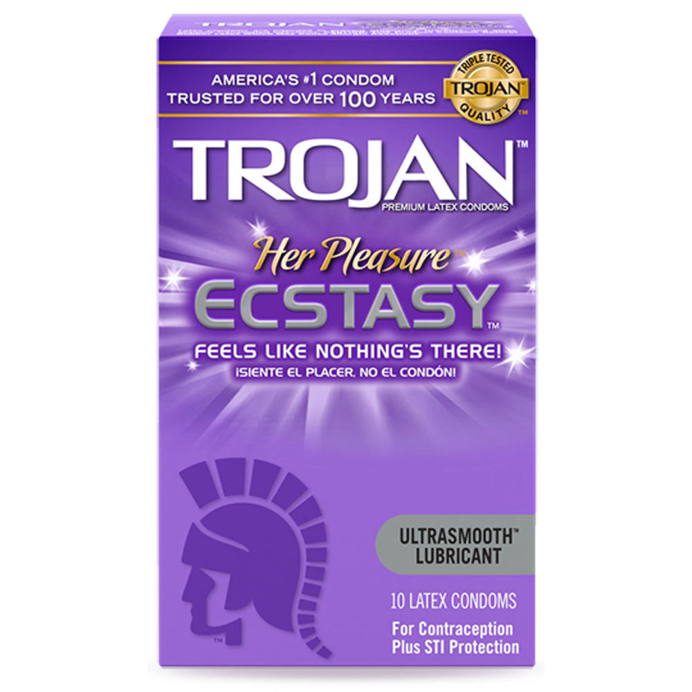 Packaging of Trojan Her Pleasure Ecstasy Condoms with lubricant. The box is purple and features the Trojan logo and product information.
