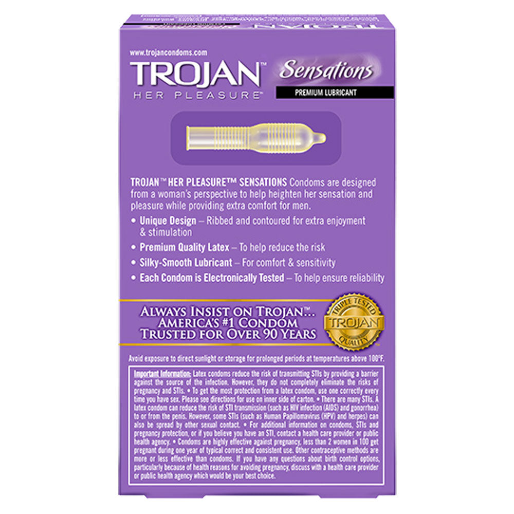 Packaging of Trojan Her Pleasure Sensations Condoms showing the product and its features such as ribbed texture and flared shape.
