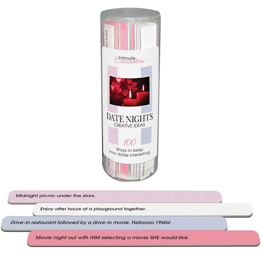 A product image featuring a clear cylindrical container with colorful stick-like cards inside labeled 'Date Nights Creative Ideas.' Three examples of the idea sticks are shown outside the container, displaying written suggestions for date activities.