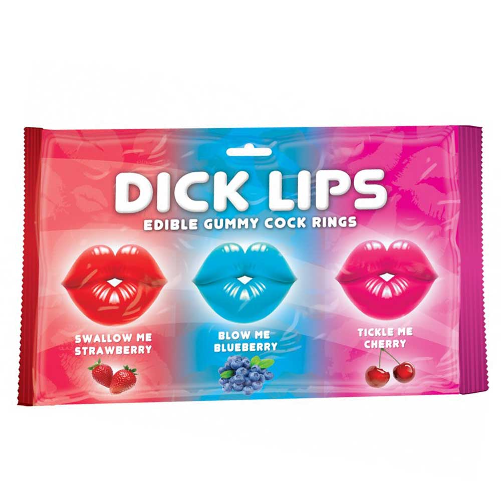 A package containing three fruit flavored gummies in the shape of puckered lips against a white background. The flavors include strawberry, blueberry, and cherry.