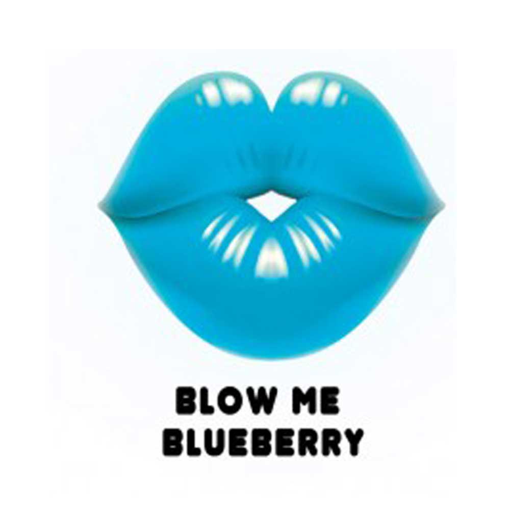 Blue lip-shaped gummy with blueberry flavor against a white background.