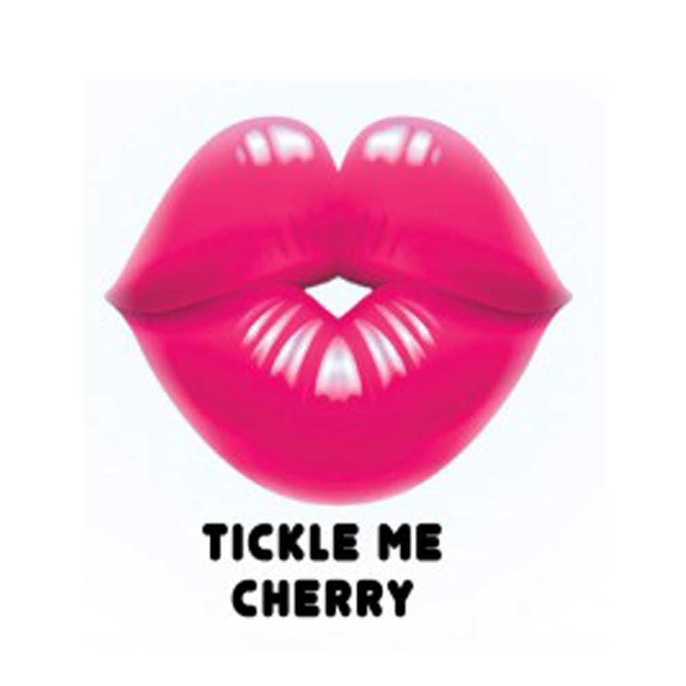 Pink lip-shaped gummy with cherry flavor against a white background.