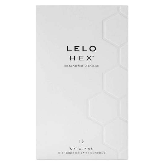 Package of Lelo Hex Original condoms. A twelve pack with white hexagonal designs.