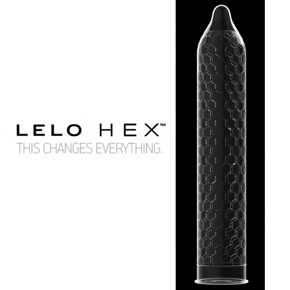 A photo showing the shape the Lelo Hex condom takes on an erect penis against a black background. To the left, reads the brand Lelo Hex and the slogan "This Changes Everything".